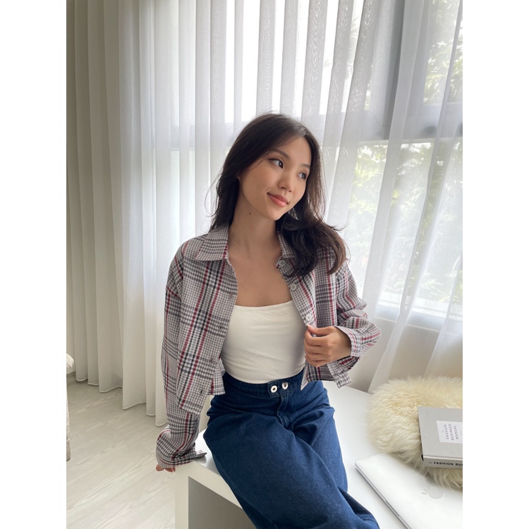 Kadaka O-0169 Plaid Crop Korean Shirt Kemeja Wanita