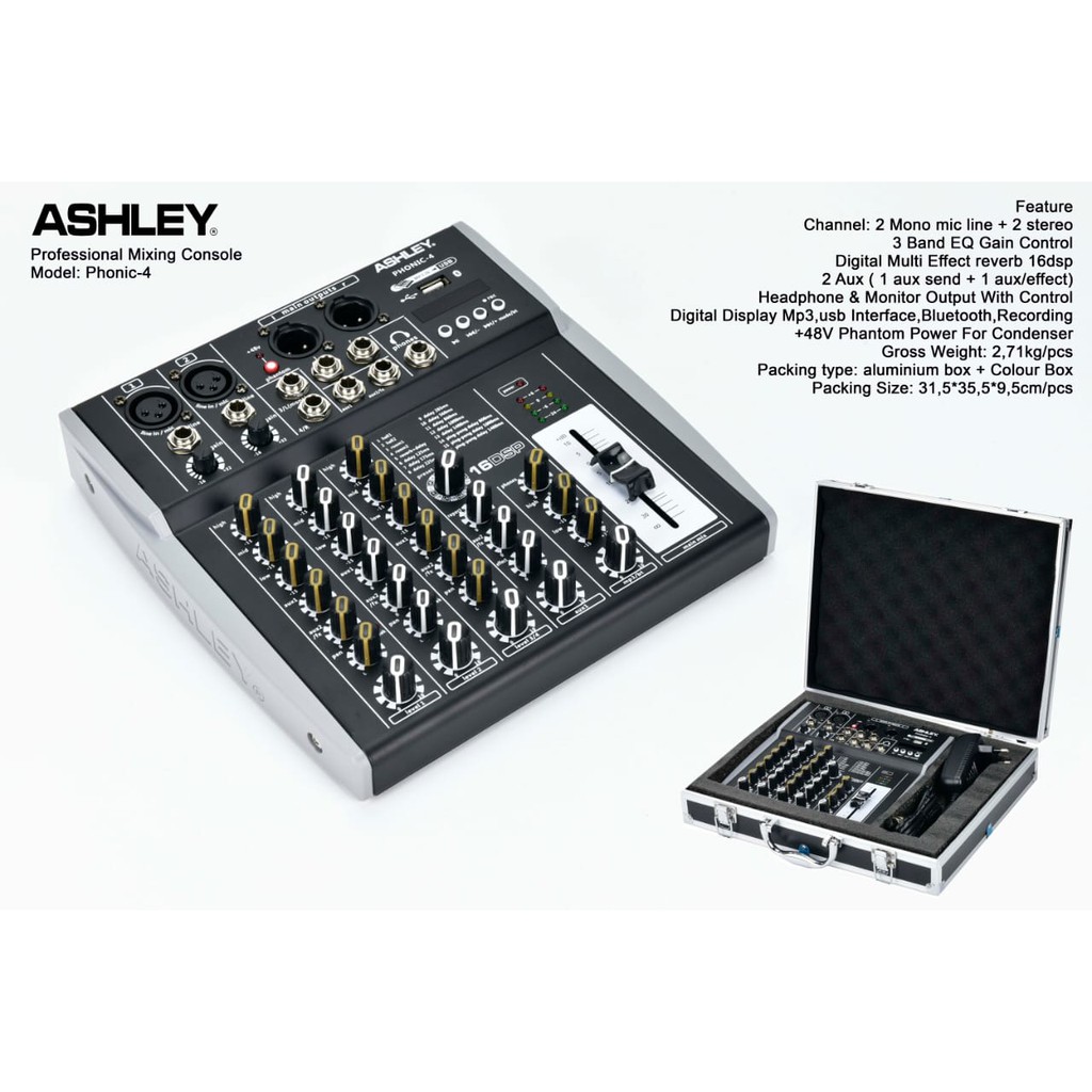 MIXER AUDIO ASHLEY PHONIC4/PHONIC 4 4CH ORIGINAL FREE HARDCASE/KOPER