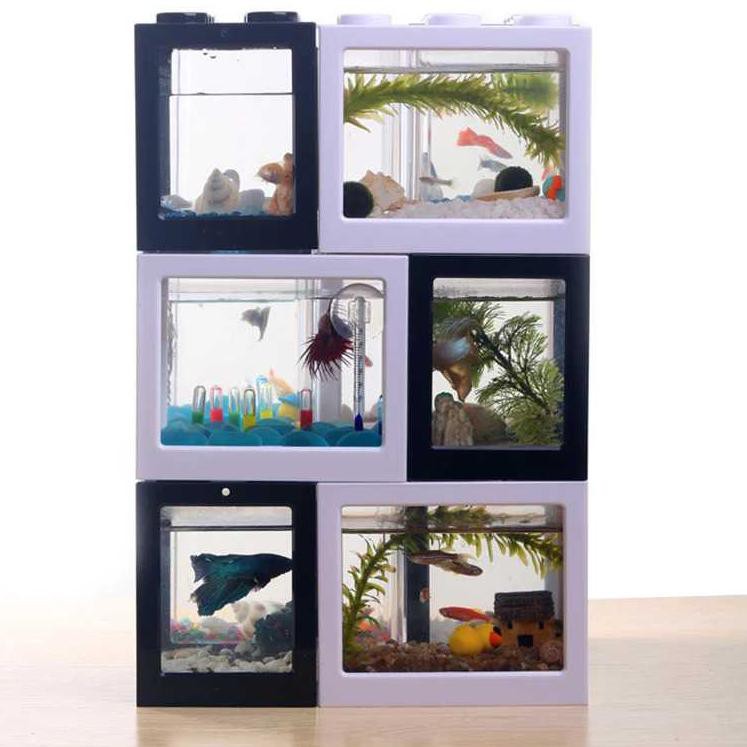 Terbaru 6.6 LARIS Aquarium Mini Bentuk Lego Terlengkap Lampu LED, Akuarium Ikan Kecil Cupang Murah B