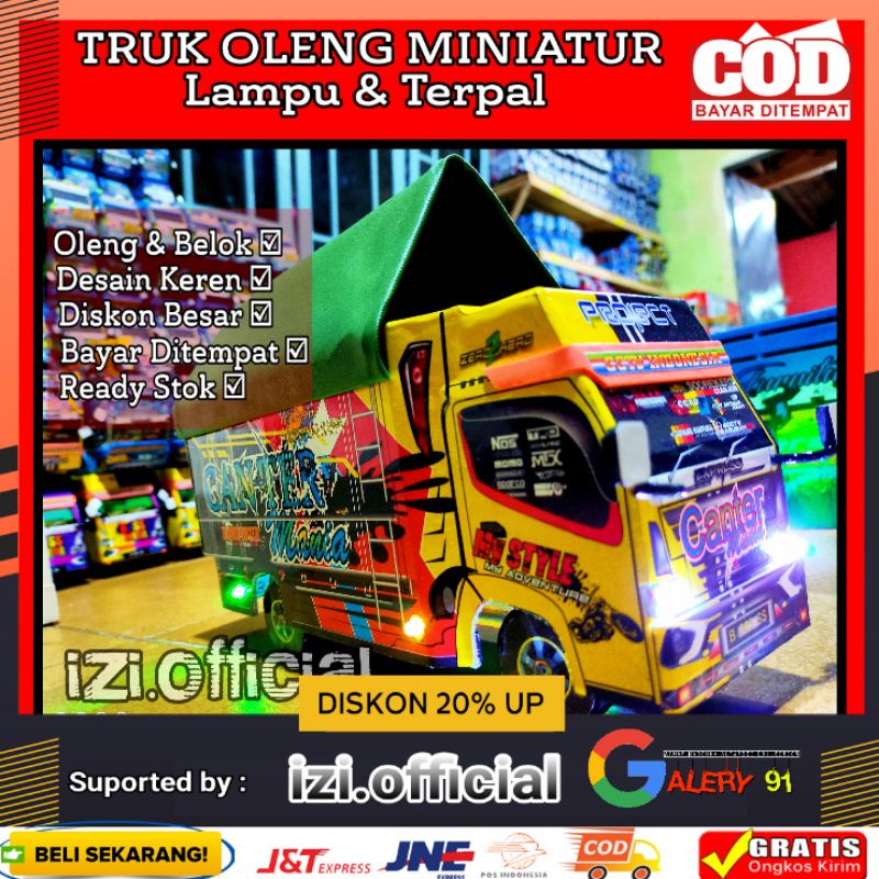 MINIATUR TRUK OLENG MINIATUR TRUK CANTER MURAH FULL LAMPU TERPAL OLENG RODA KAYU