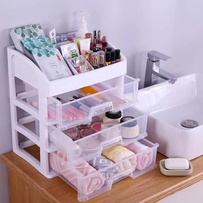 rak kosmetik plastik 3 laci putih serbaguna