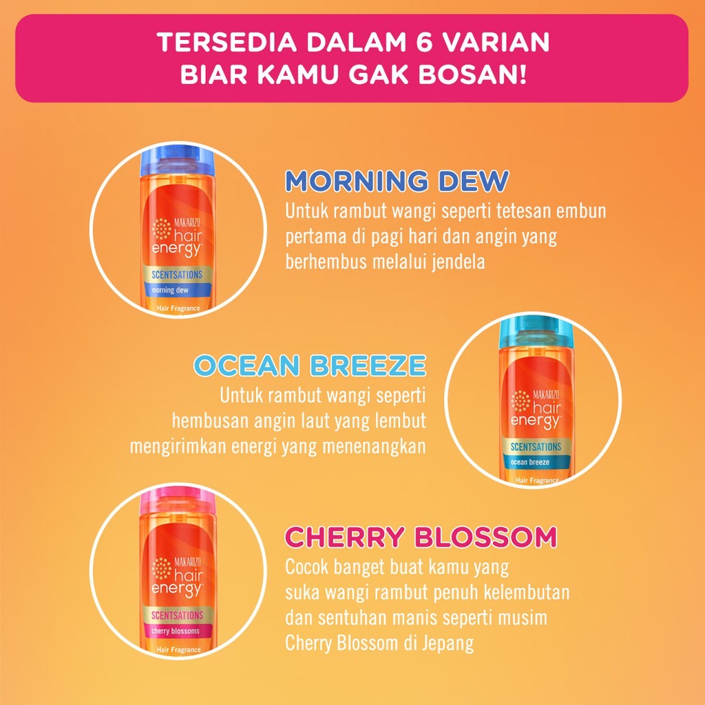 MAKARIZO Hair Energy Scentsations Cherry Blossoms Indonesia / Hair Fragrance 30ml 100ml / ScenTech-F UV Protection Vitamin / Parfum Rambut Parfume Spray Mist Minyak Wangi Pewangi Body Badan / Morning Dew Ocean Breeze White Musk Blue Coast Fresh Bouquet