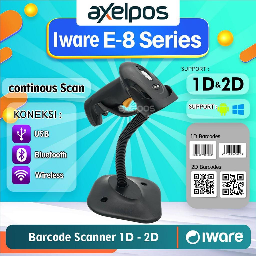 Barcode Scanner USB - Bluetooth - Wireless 1D / 2D Continous Scan Iware E8 Series