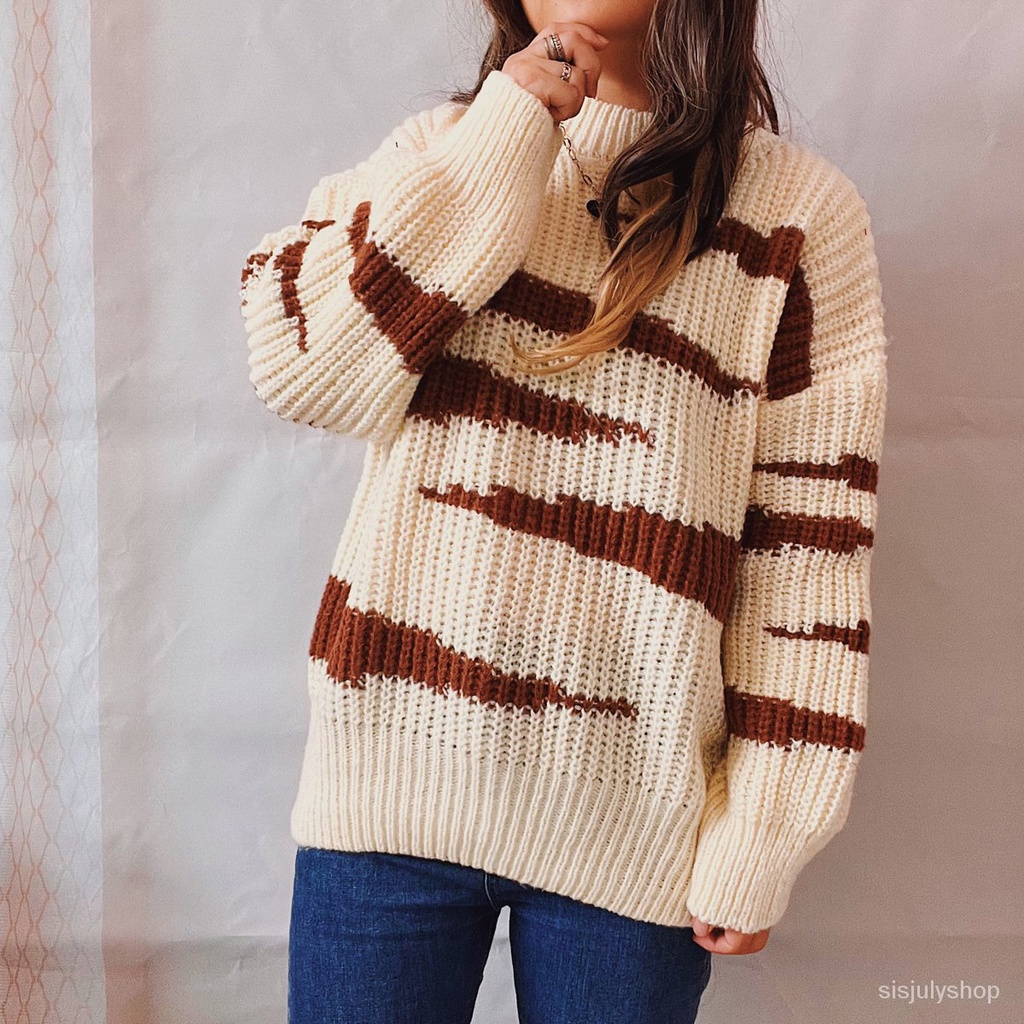 #Sisjuly# Wanita Baru Longgar Leher Bulat Lengan Panjang Garis Tidak Teratur Sweater Warna Kontras S