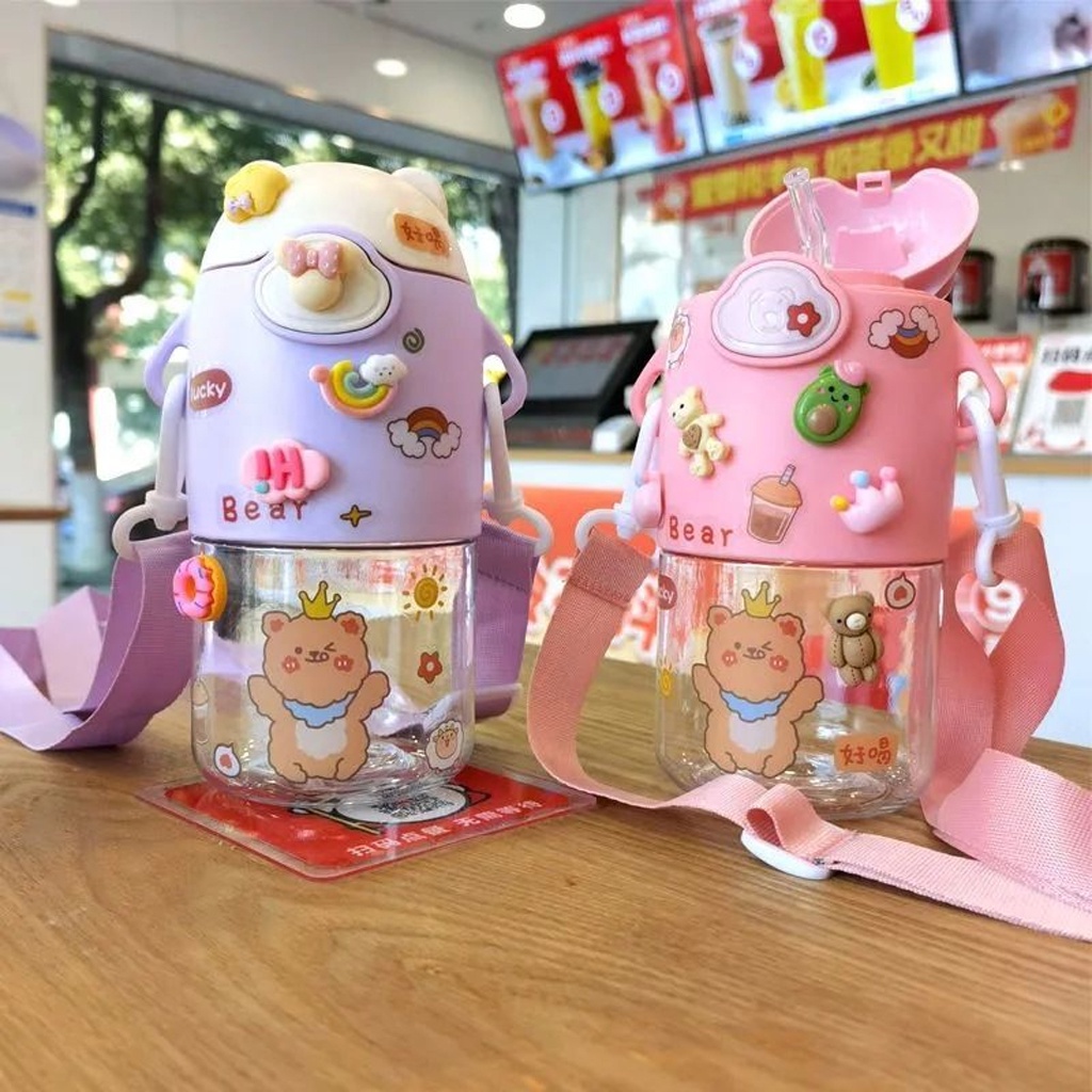 ☛TK☚ Botol Minum Anak Air 600ml Botol Minum Anak Lucu Motif Karakter Beruang Imut dengan Sedotan R746