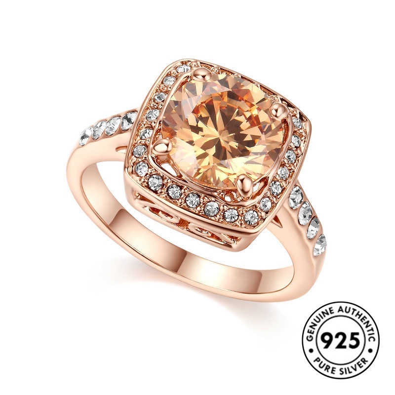 Cincin Bentuk Kotak Bahan S925 Silver Warna Rose Gold