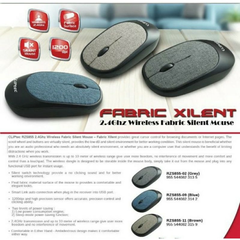 CLIPtec - RZS855 / Fabric Xilent / Wireless Fabric Silent Mouse / 1200dpi