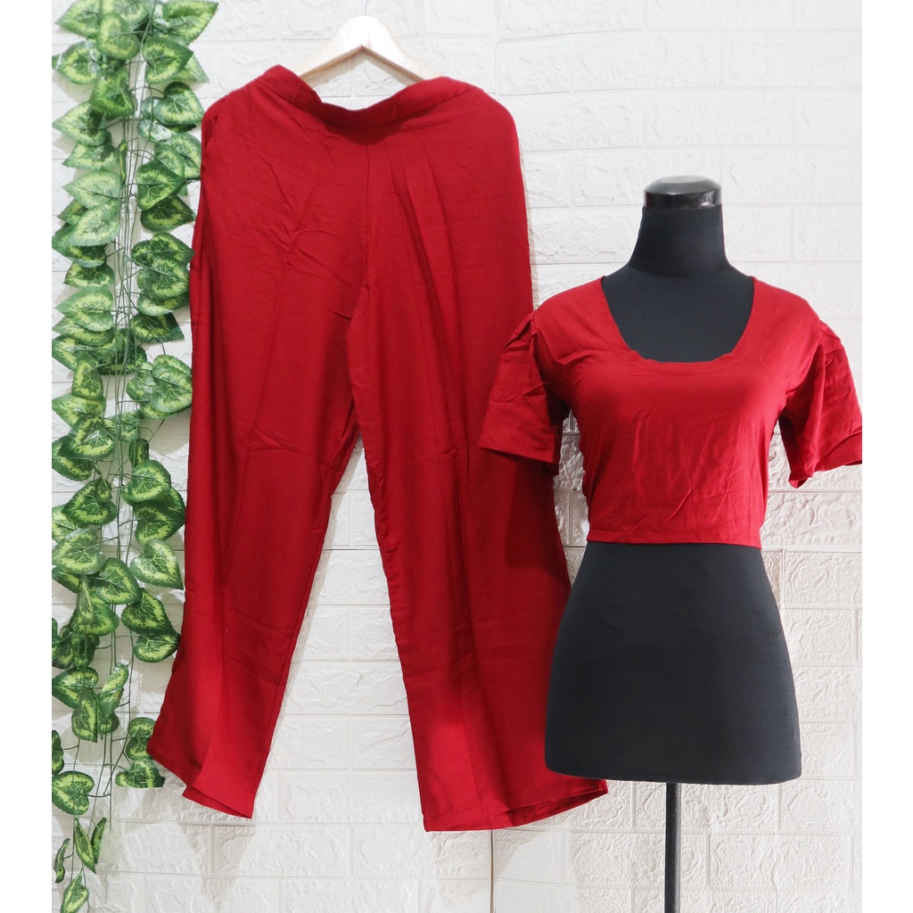 Baju Setelan wanita Crop Square Kekinian Karet / one Set Crop Square/ Top wanita-Maroon Polos