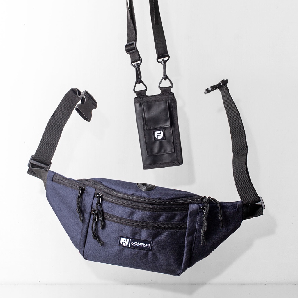 HONTALE | Bundling Tas Waistbag Muzzle Navy + Crove Hanging Wallet Black Pria
