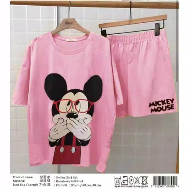 TBI 2 in 1 Setelan Baju Tidur Mickey Mouse Shy Setelan Wanita Kaos Mickey Mouse Lucu