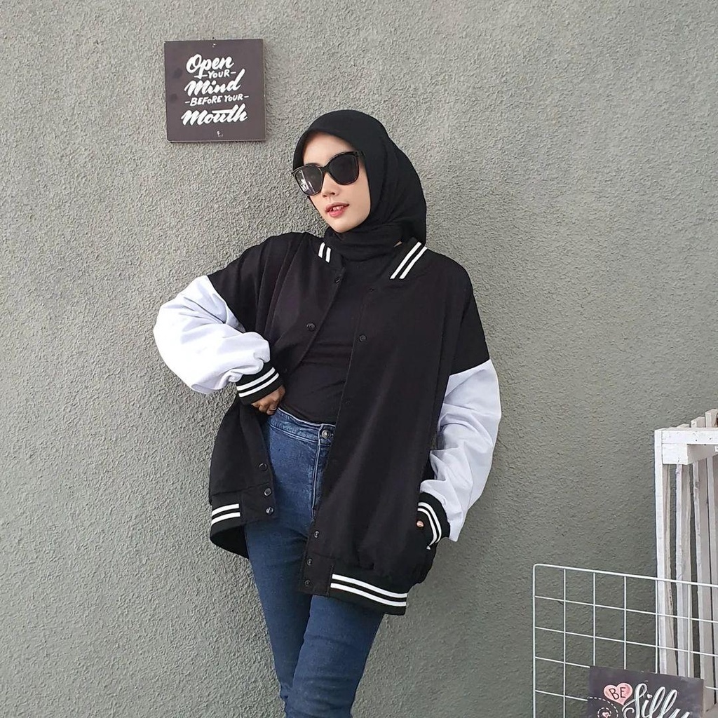 Jaket Baseball Wanita 3XL Classie Oversize Fleece Premium Lengan Panjang Sporty Sweater