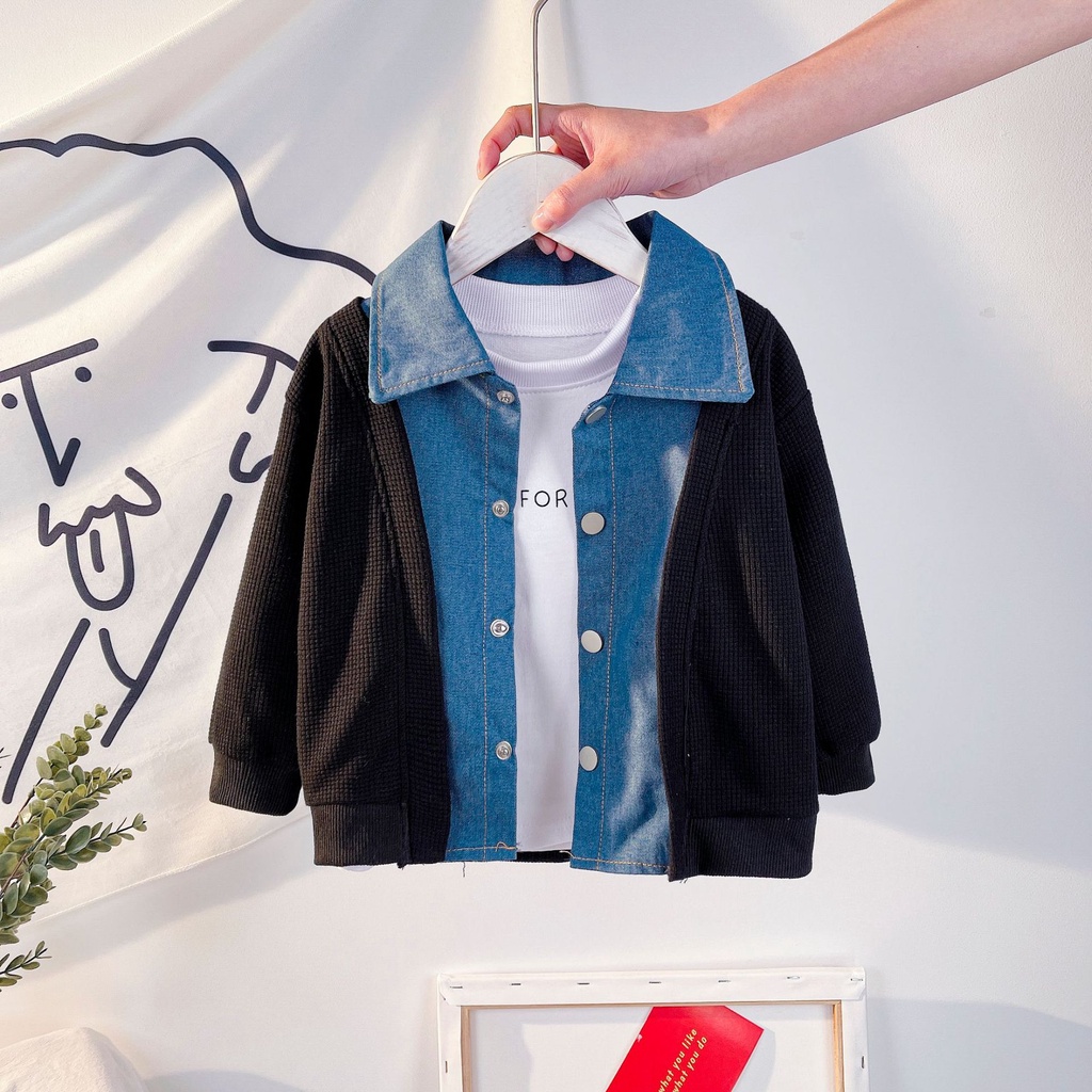 D76 NEW Kemeja lengan panjang anak motif denim dua layer