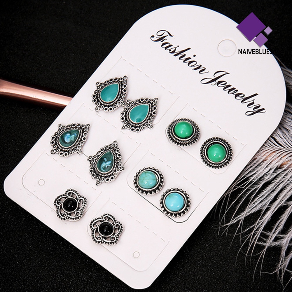 Naiveblue 5 Pasang Anting Tusuk Gantung Desain Tetesan Air Hias Turquoise Imitasi Gaya Bohemia Untuk Wanita