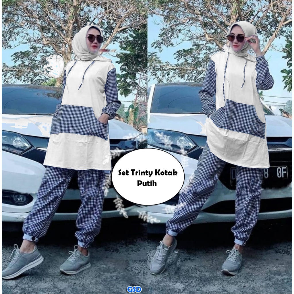 Trinty /Setelan Muslim Baju Dan Celana Jogger Panjang Wanita Casual Outfit Jalan Motif Kotak Ada Hoodie Bahan Babyterry