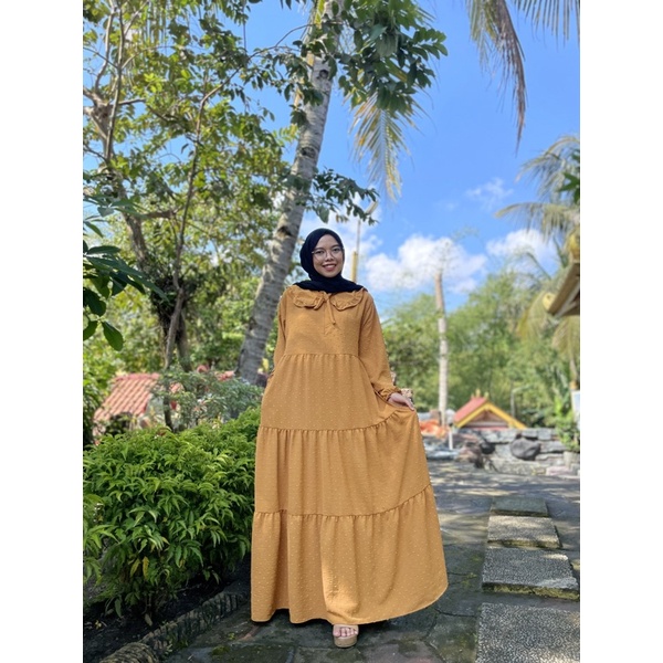 Gamis Jumbo long Dress Gamis Lebaran Idul fitri Gamis rubiah Crincle kerah korea Gamis rubiah Umpak-Mustard