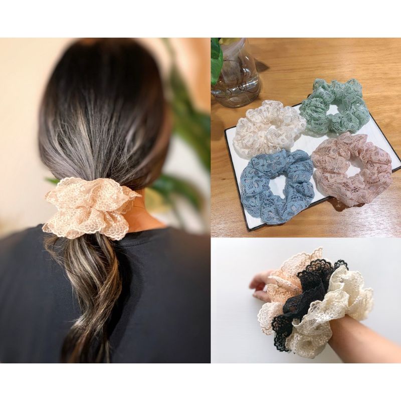 Scrunchie Korea Brokat ukuran 11.5cm JUMBO Cepol Hijab Lace Scrunchies Ikat Rambut Besar