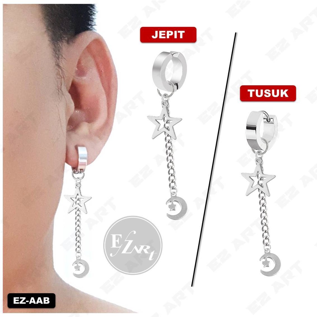 1 BUAH ANTING KOREA JEPIT / TUSUK EZ-AAB RANTAI PANJANG BINTANG BULAN PRIA WANITA STAINLESS STEEL