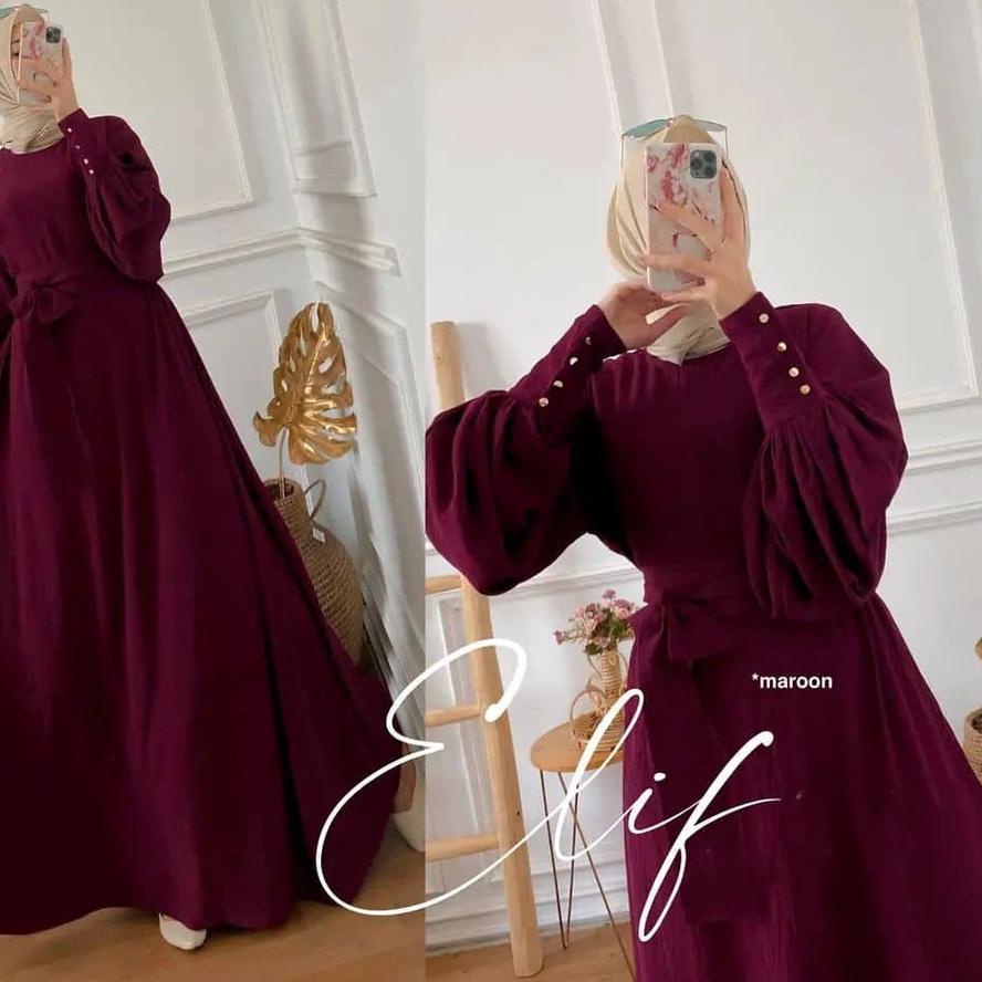 ➱ Elif Dress / Dress Muslim Matt Airflow Crincle Polos / Gamis Lengan Balon Kekinian / EF ➽