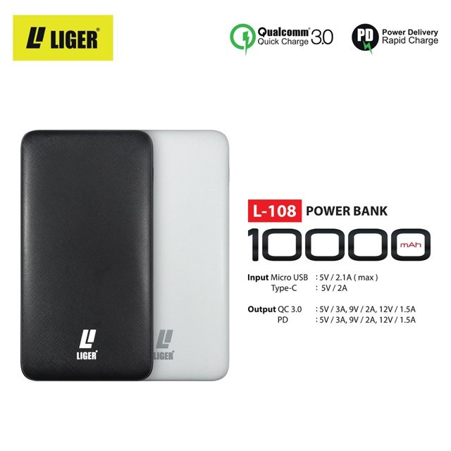 Power Bank L-108 LIGER ORIGINAL QUALCOM QUICK CHARGE 3.0 &amp; POWER DELIVERY PD