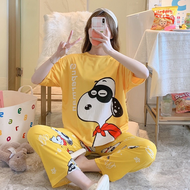 Setelan Piyama Lengan Pendek Baju Tidur Wanita Set Baju Tidur Wanita Dewasa Set Piyama Oversize-5