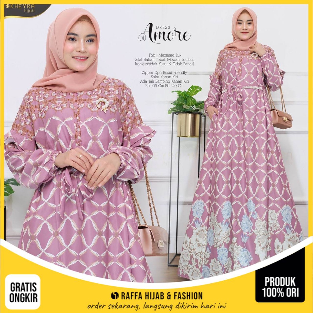 Gamis Muslim Wanita Amore Dress Bahan Maxmara Lux Motif Bunga Ukuran LD 105 cm PB 140 cm by Kheyra