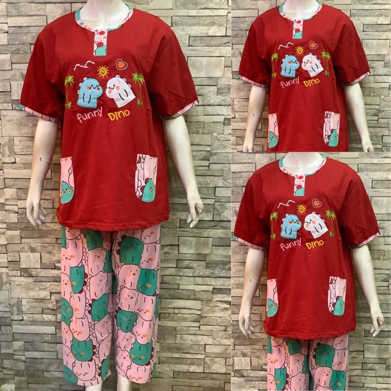 JUMBO CP DAILILAN  | BAJU TIDUR WANITA DEWASA | COD | PIYAMA-Dino Polos Merah