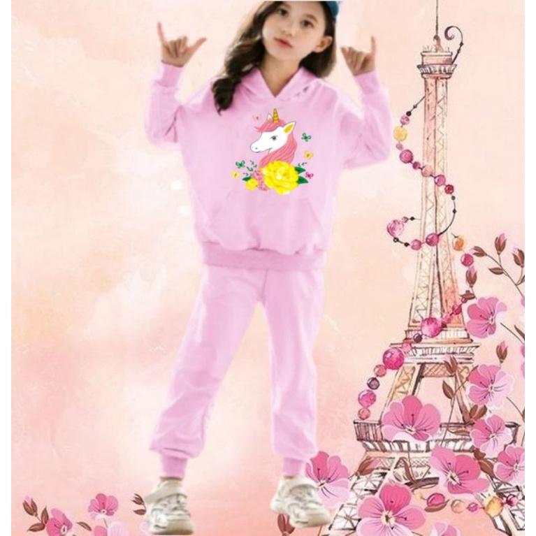 Setelan Sweater Hoodie Anak Perempuan Lengan panjang dan Celana panjang Terbaru 2022 Stelan Anak Cewek Kekinian Murah Korea Style Size S 4 5 6 Tahun M 7 8 9 Tahun XL 10 11 12 Tahun Unicorn