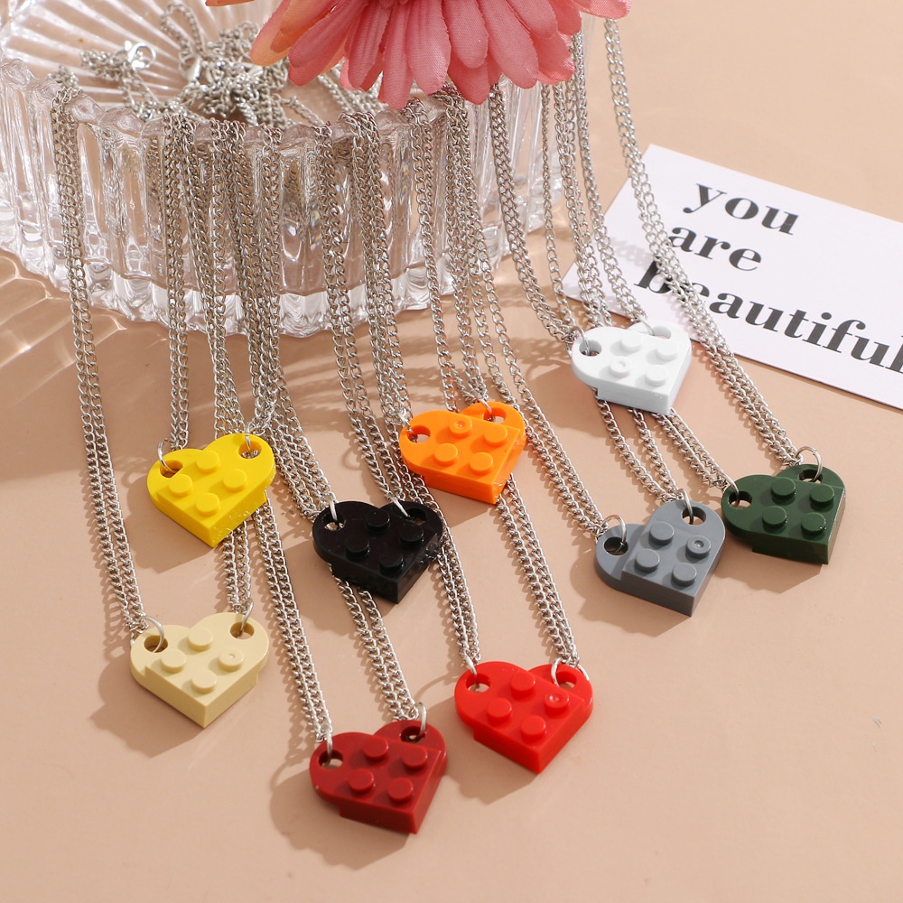 Unisex Heart Shaped Building Block Love Pendant Necklace Stitching Split Necklace Couple Necklace