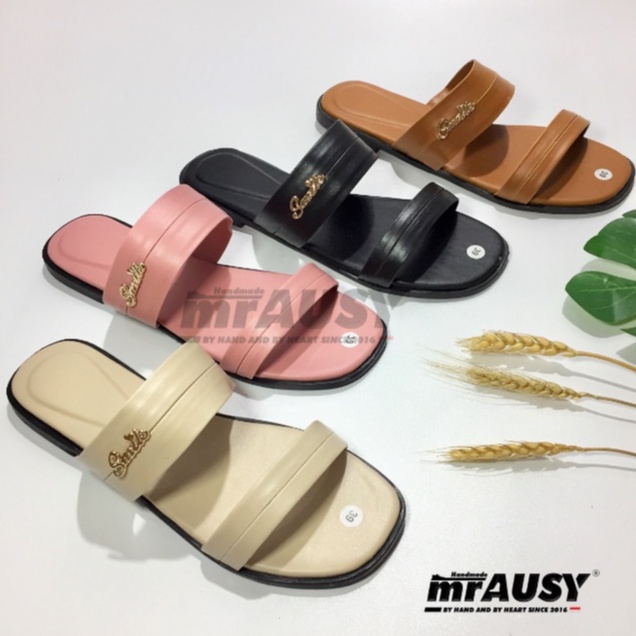 Sandal Wanita Teplek Selop Flat mrAUSY Strap 2 Pin