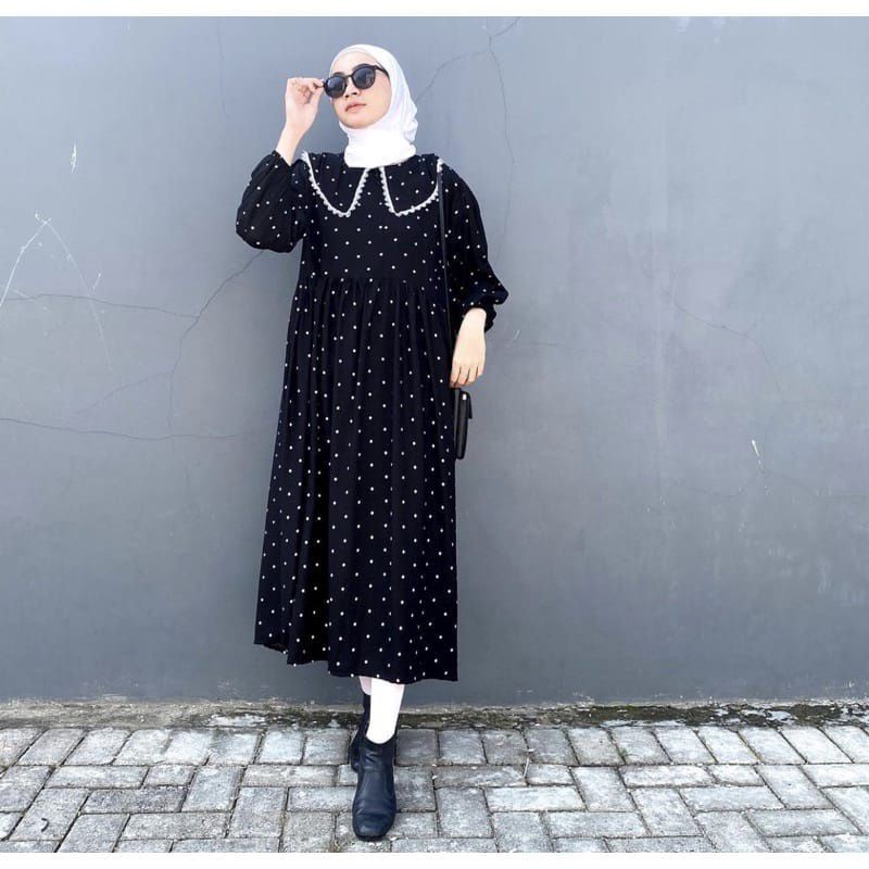 midi dress rayon premium motif polkadot saude long tunik busui friendly