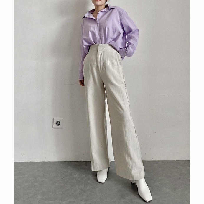 Celana Kulot Wanita Highwaist Linen Import Wide Leg Cullote Kekinian - Oat/Ivory(Z7C3) Kulot Rayon K