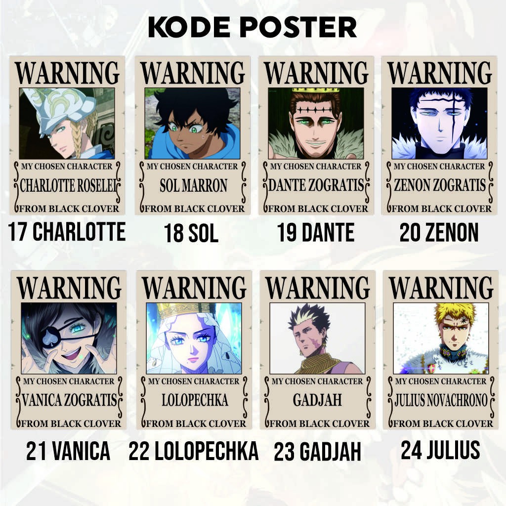 Poster Anime Warning Black Clover Koleksi A4 - Asta Yuno Yami Noelle Nacht Secre-6