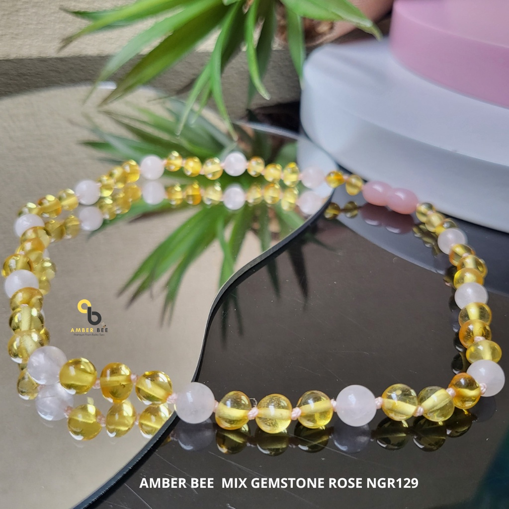 AMBERBEE Set Kalung Gelang Amber ORI Baltic Anak Premium Glossy Lime Gemstone Rose SNBGLR129133