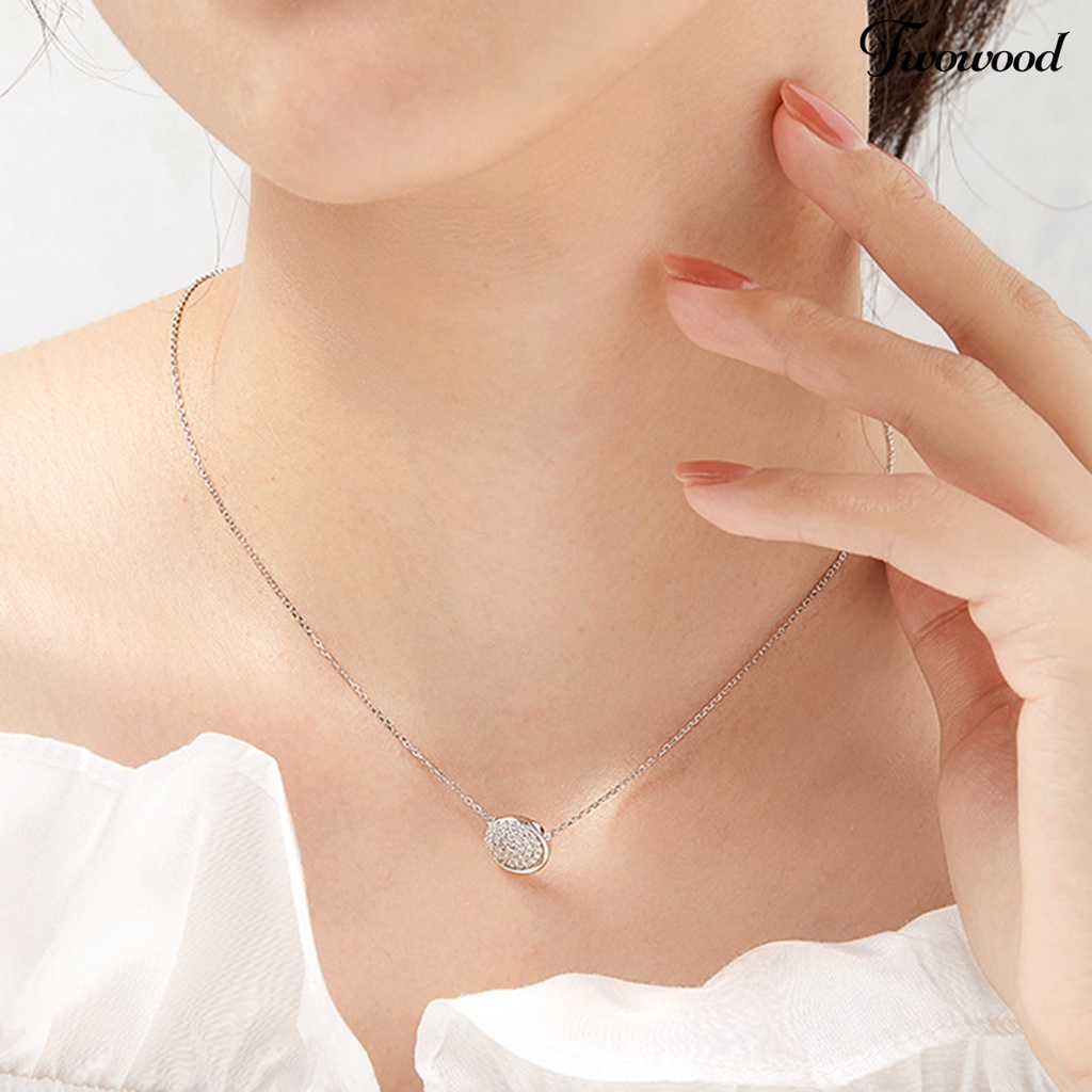 Twowood SILVERHOO 925 Silver Collarbone Chain All-match Shiny Round Cubic Zirconia Pendant Necklace for Party