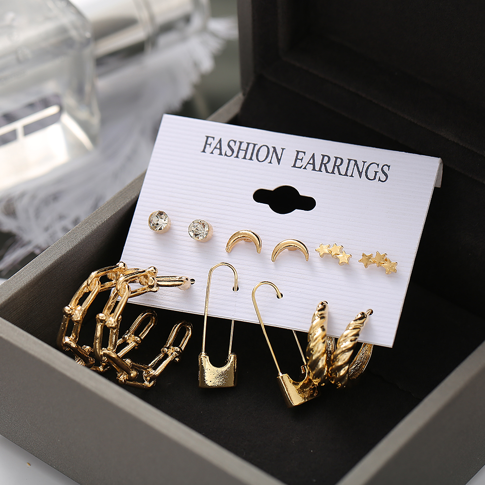 6 Pasang / Set Anting Tusuk Desain Kupu-Kupu / Bintang / Bulan / Geometri Hias Mutiara / Berlian Gaya Korea