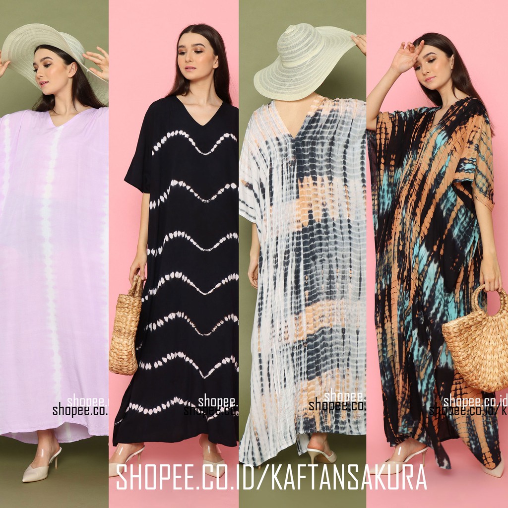 kaftan tie dye bahan premiun berkualitas asli original bali warna ungu muda elegant terlaris terbaru