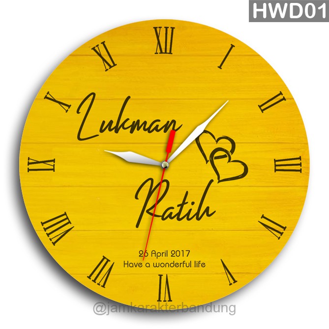 JAM DINDING KAYU CUSTOM NAMA FOTO HADIAH PERNIKAHAN UNIK KADO NIKAH NIKAHAN WEDDING ULANG TAHUN LUCU-Kuning - 20 cm