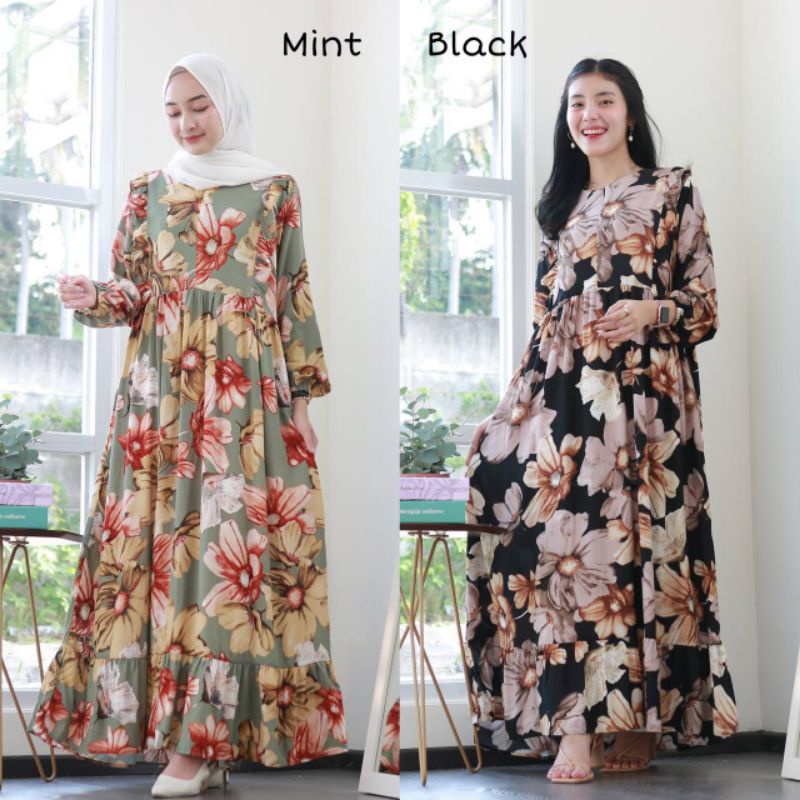 JUNI MAXI - HOMEY DRESS KATUN RAYON ADEM PREMIUM LD 102 UNIQLO MOTIF DAISY BUSUI RUFFLE BAHU JUNE
