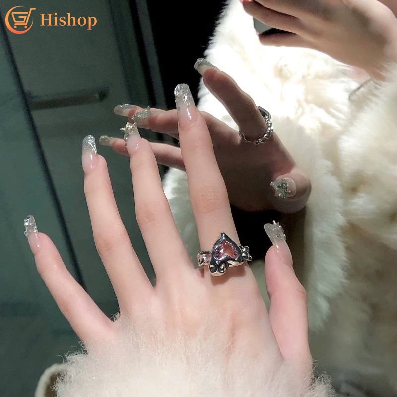 Cincin Silver Model Terbuka Dapat Disesuaikan Aksen Kristal Bentuk Hati Warna Pink Untuk Wanita