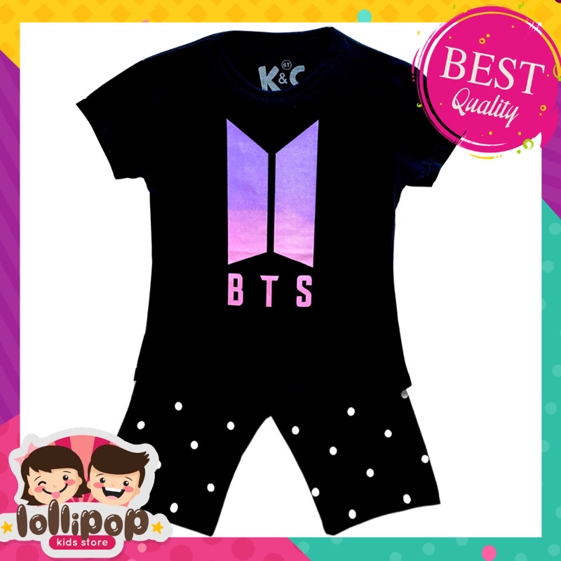 Lollipop Kids Store Setelan Anak Perempuan Lengan Pendek Motif BTS Hitam CELANA HITAM Usia 1-10 Thn