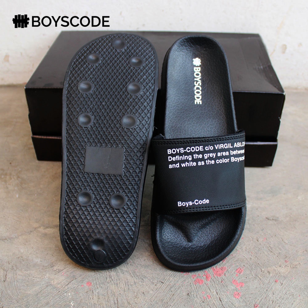 Sendal Slip On Pria Distro Terbaru Boyscode Tulisan Kecil Fullblack / Sendal Slide Pria