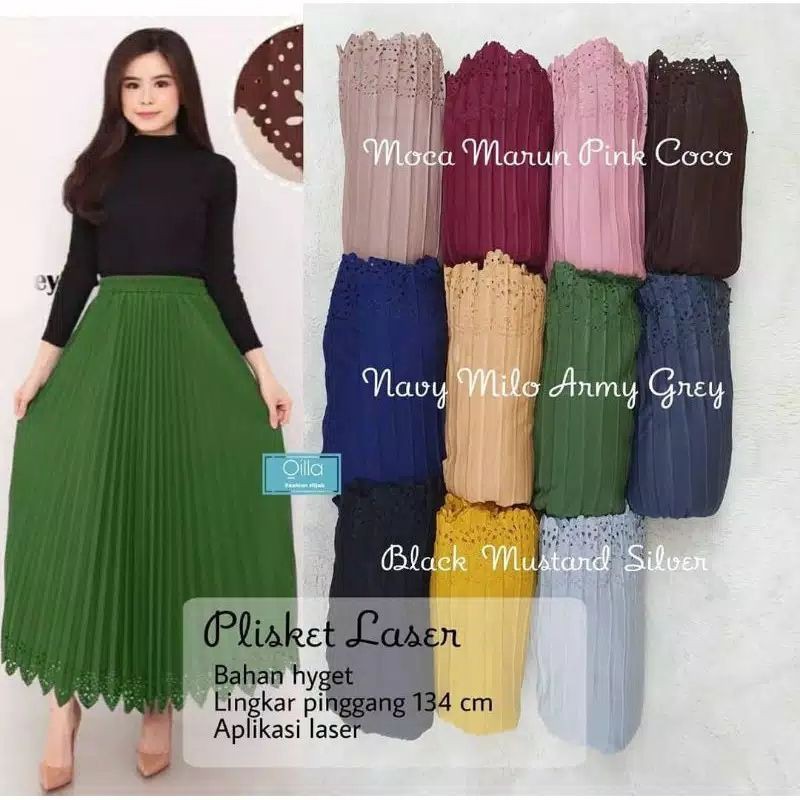 QILLA ROK PLISKET LASER MAYUNG | ROK CUT MOTIF LASER | PLEATED FLARE SKIRT LASER