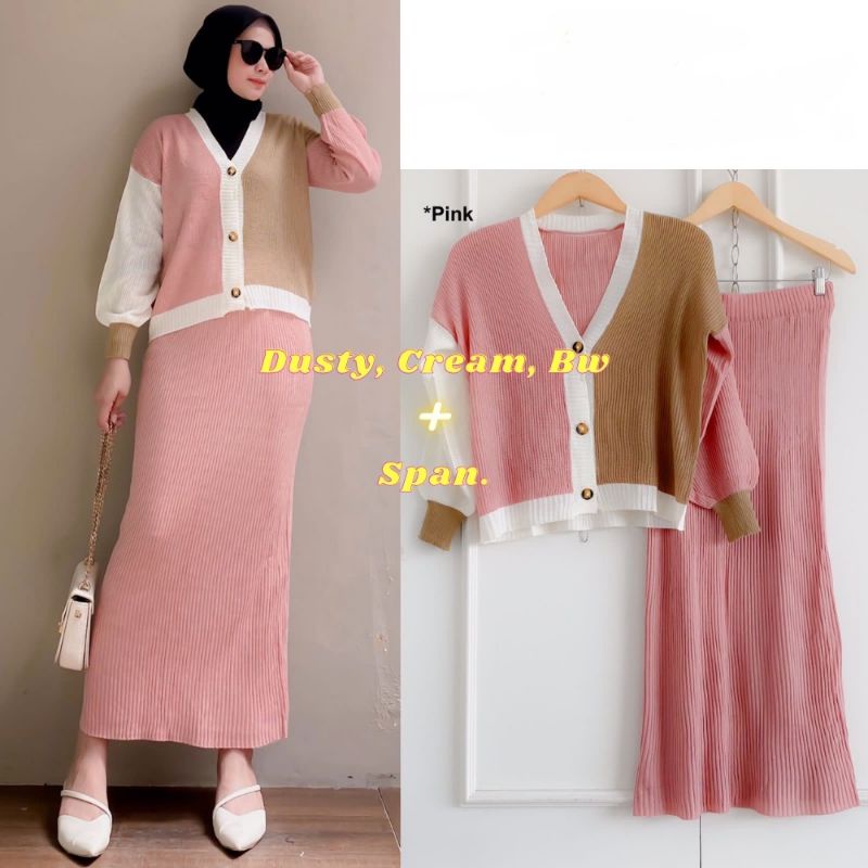 Yena One Set Cardigan 3tone + Rok Rajut span, Setelan wanita baju rajut premium, rok knit, daily outfit, outfit rajut