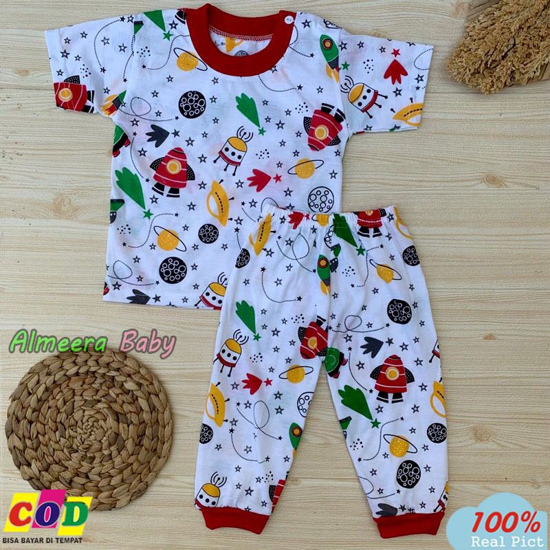 Setelan Baju Bayi Setelan Piyama Bayi Lengan Pendek Celana Panjang Kancing Pundak Usia 3-12 Bulan Almeera Baby and Kids