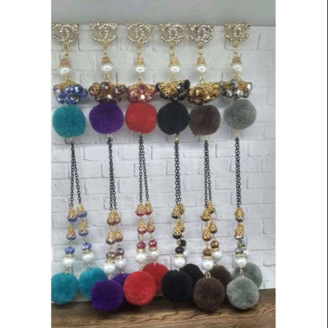 Bros Dagu Juntai full kristal Mutiara Pompom / Bros Dagu juntai panjang