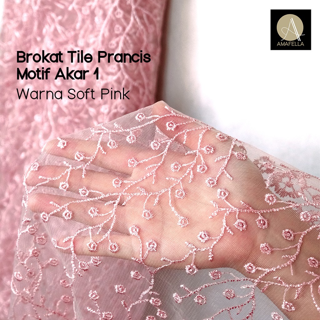 1/2 meter Kain Brokat Brukat Tile Prancis Bahan Kebaya Motif Akar Warna Soft Pink