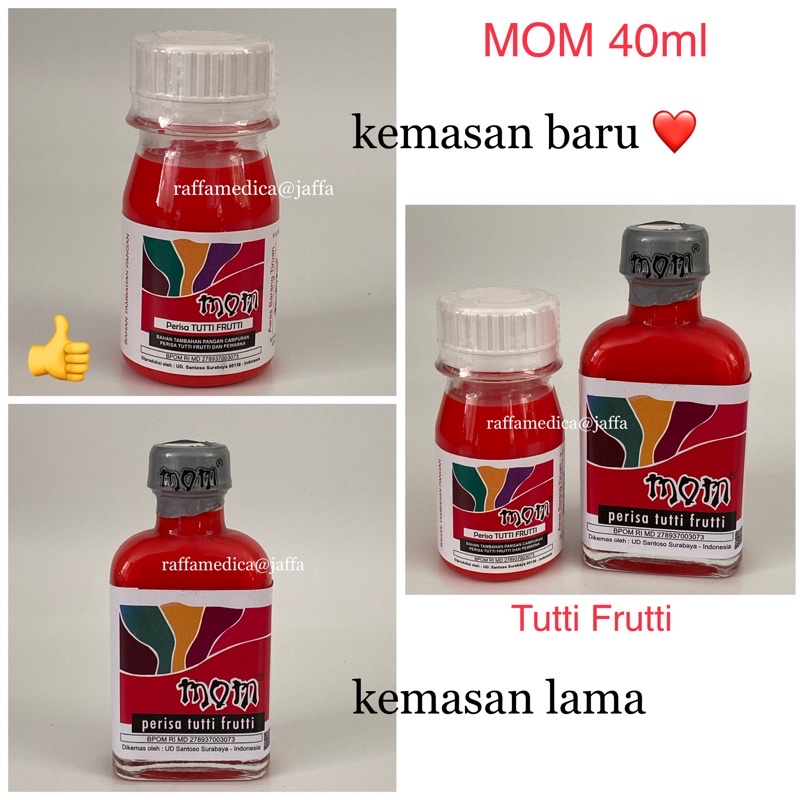 

PERISA MAKANAN MOM TUTY FRUTY 40 ML / ESSENCE MINUMAN / KUE / PUDING / ES / PENYEDAP BERBAGAI MAKANAN /PERISSA JELY