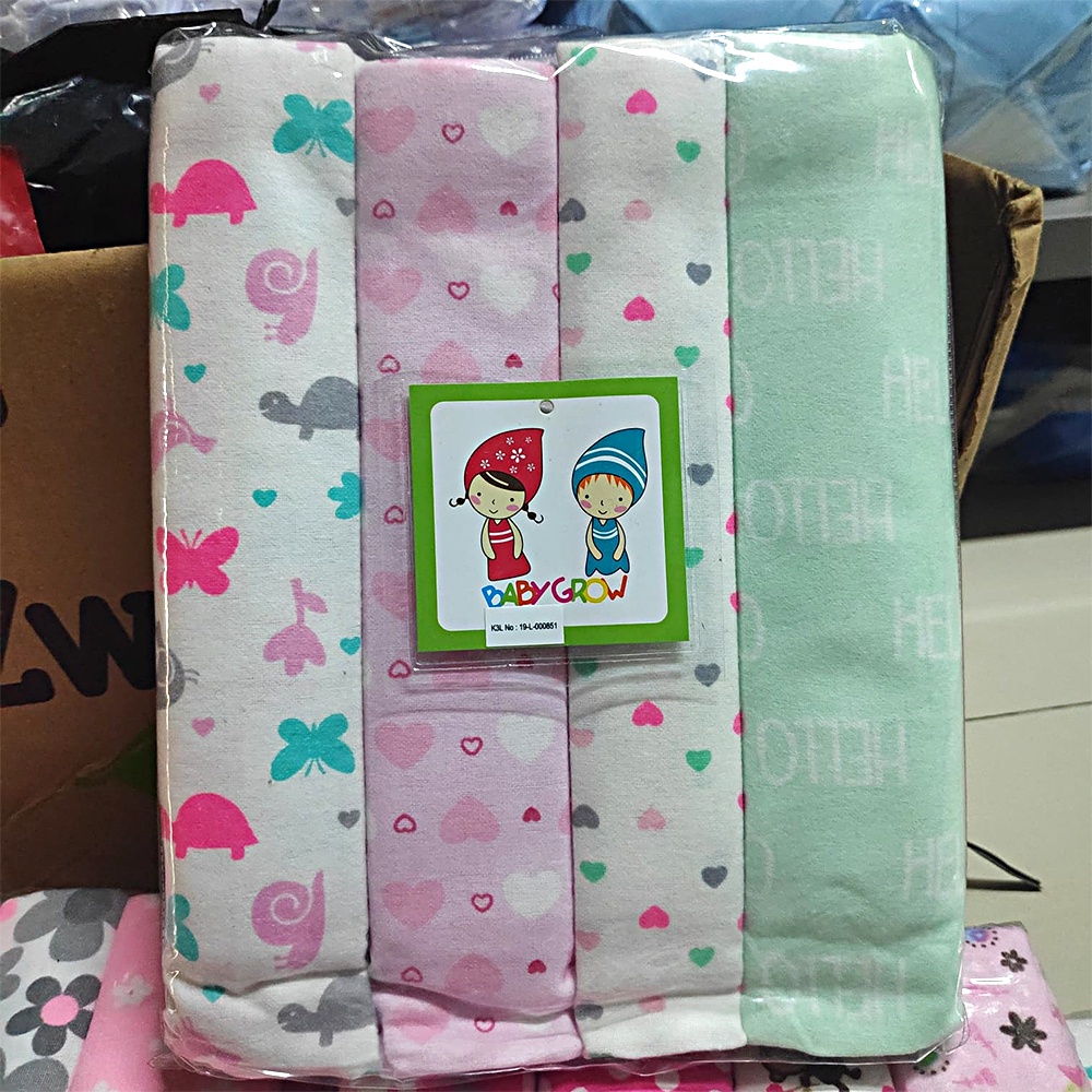 Baby Grow Bedong Bayi Flanel isi 4 Motif Baru 76cmx102cm BabyGrow Selimut Bayi Baru Lahir