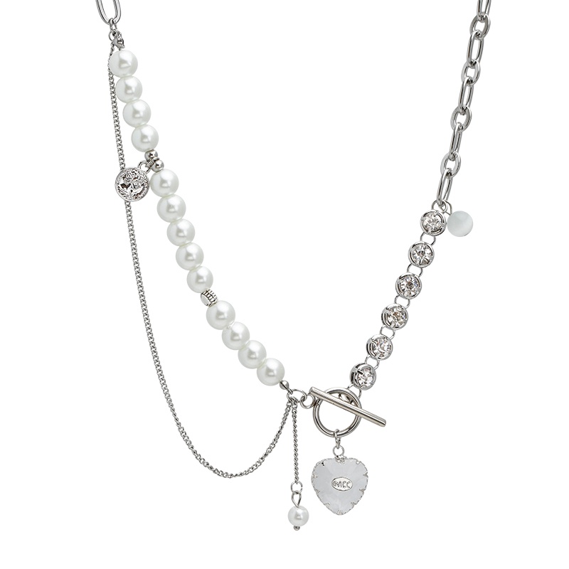 YEEZII Kalung Rantai Choker Liontin Hati Hias Mutiara Kristal Warna Silver Untuk Wanita