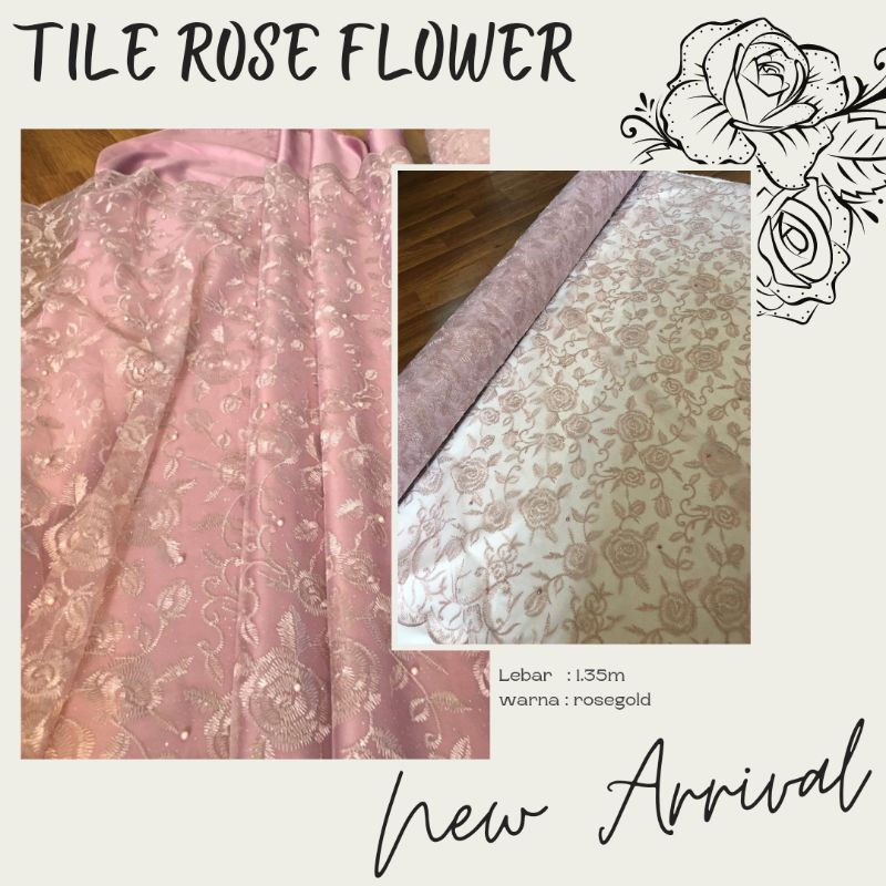 Kain Brukat Bahan Kebaya Tile Mutiara Rose Flower Warna Rosegold / Merah Muda / Semi Lavender
